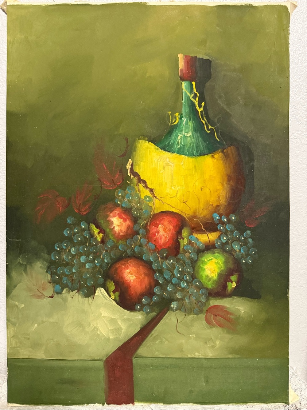Still Life Fruit and Bottle Oil Painting - Green and Yellow